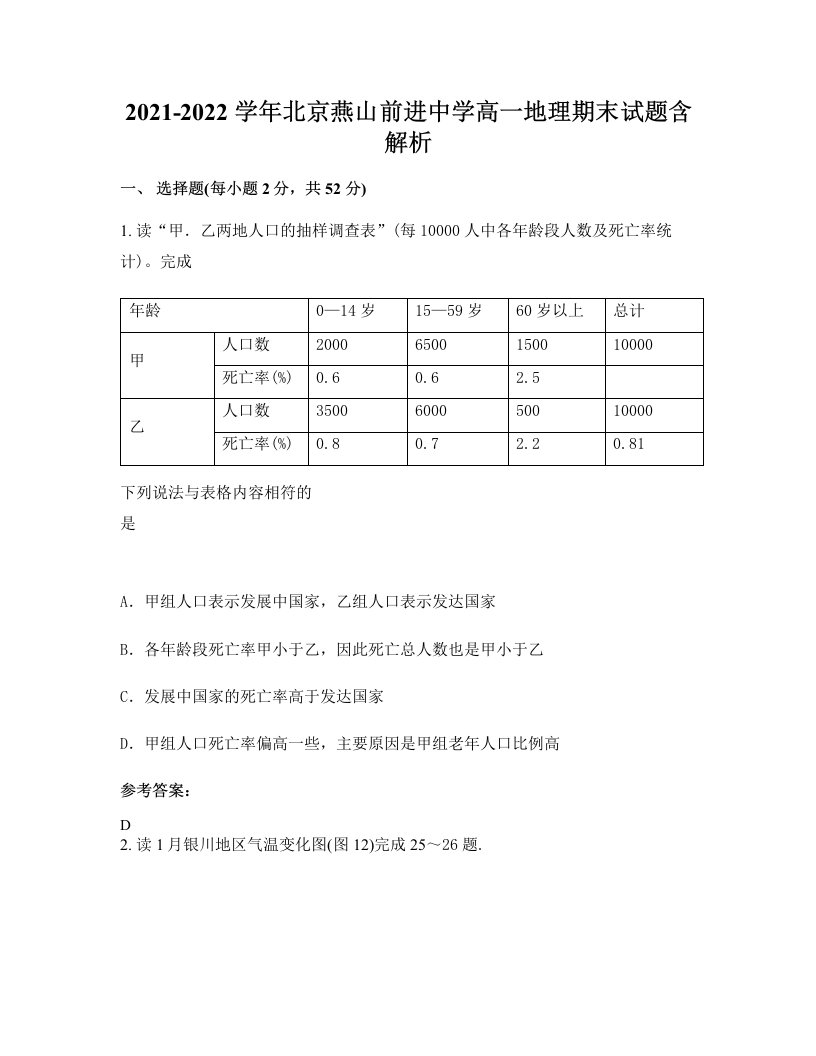 2021-2022学年北京燕山前进中学高一地理期末试题含解析