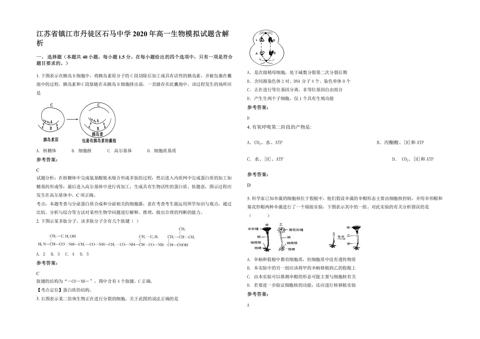 江苏省镇江市丹徒区石马中学2020年高一生物模拟试题含解析