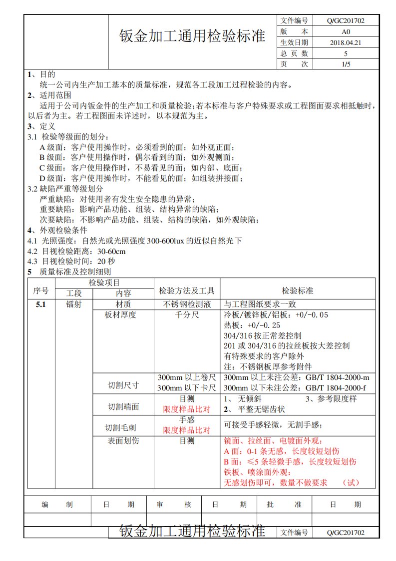 钣金加工通用检验标准