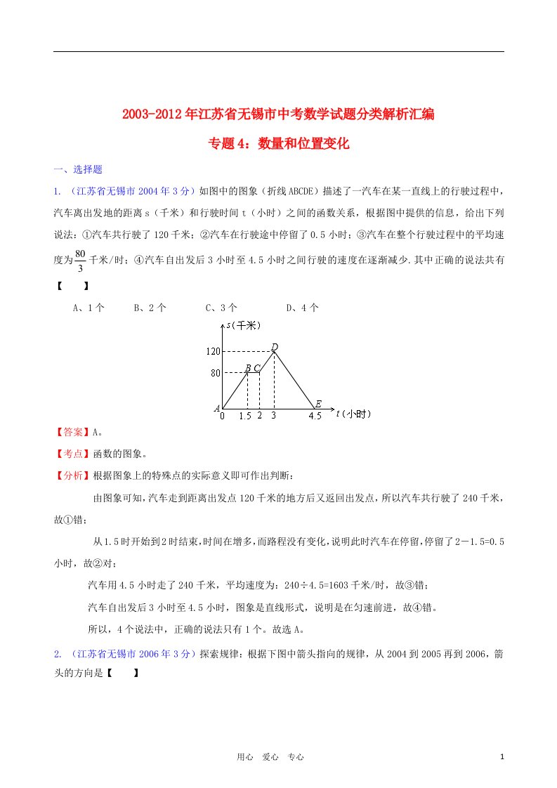 中考十年江苏省无锡市2003-2012年中考数学试题分类解析汇编专题4数量和位置变化