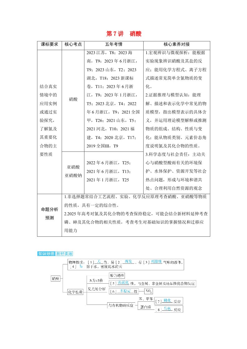 备考2024届高考化学一轮复习讲义第四章非金属及其化合物第7讲硝酸考点1硝酸