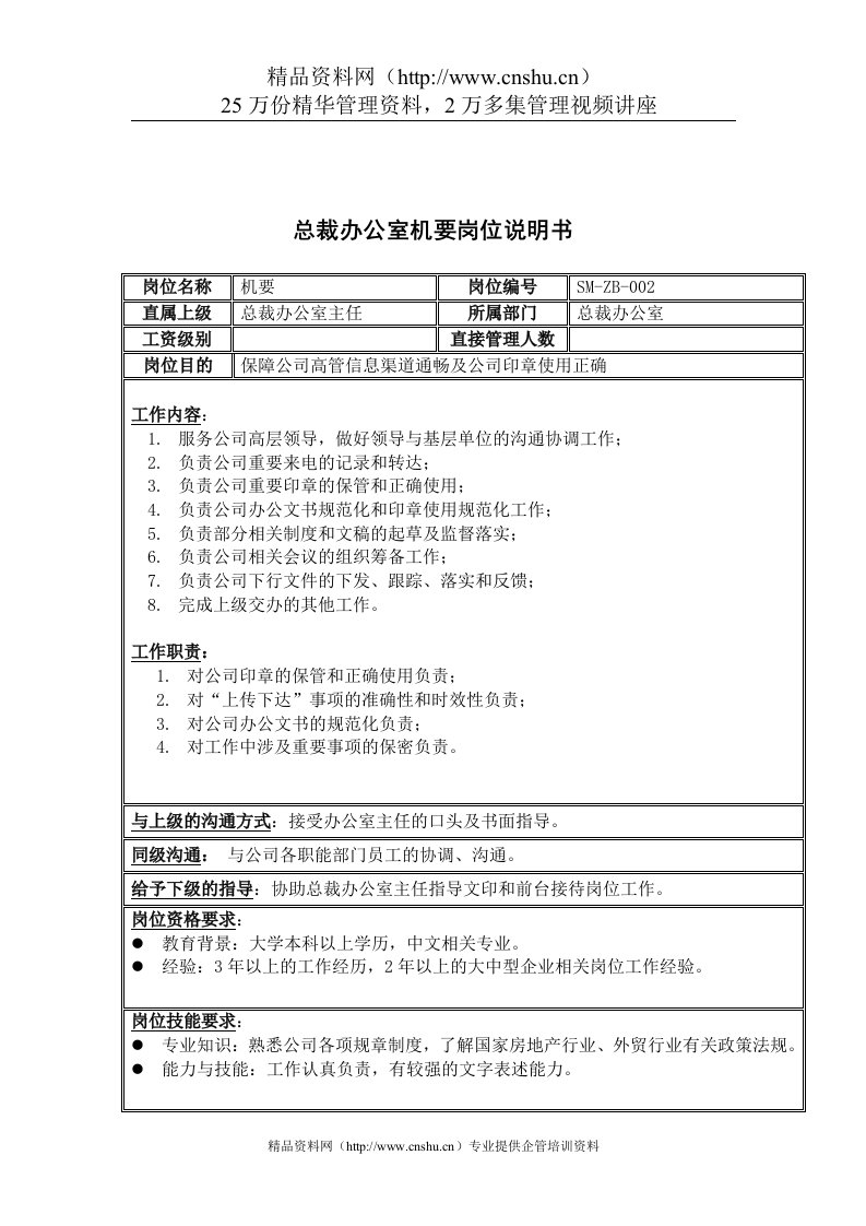 三木集团总裁办公室机要岗位说明书