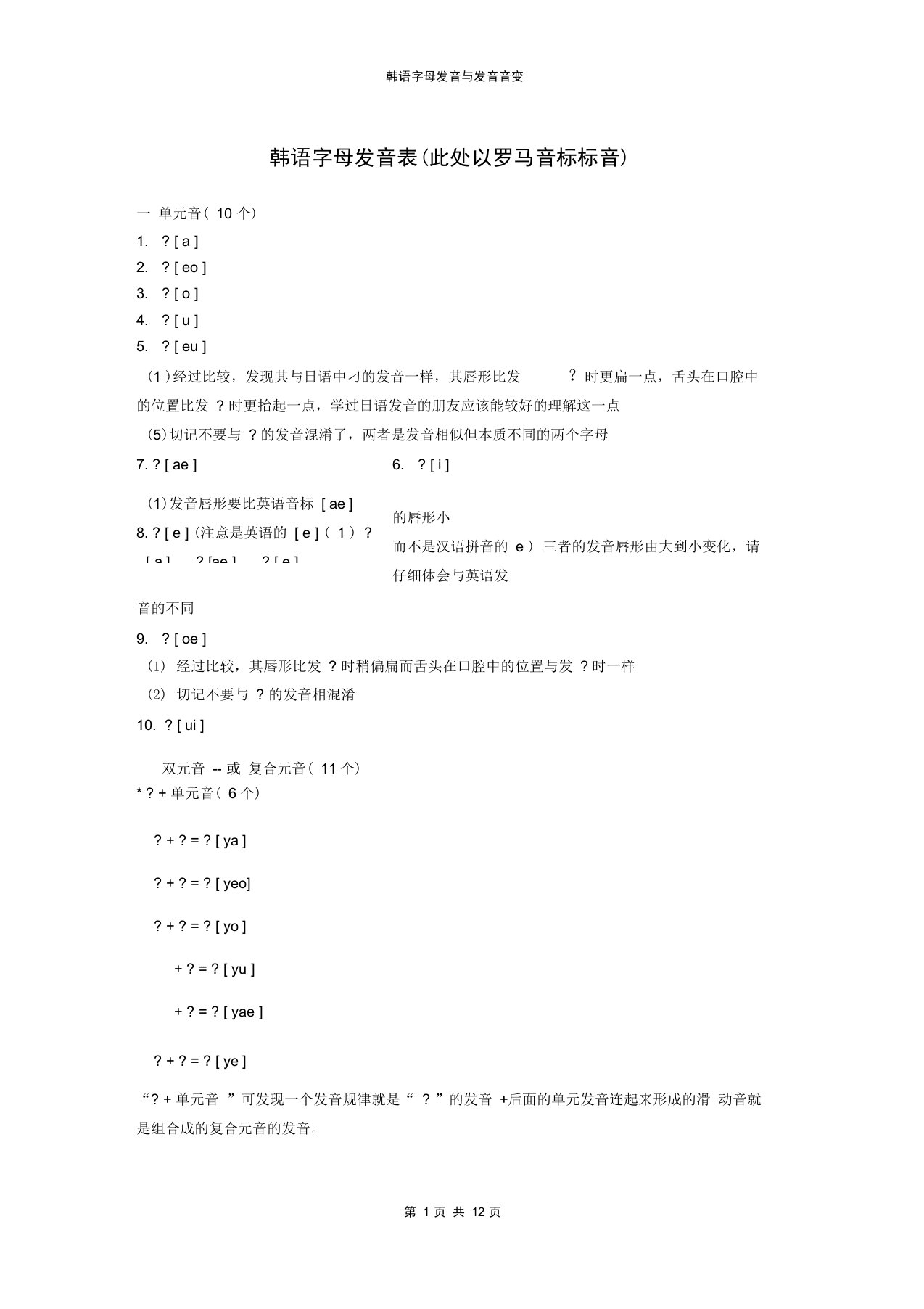 韩语字母发音表以及变音总结(DOC)