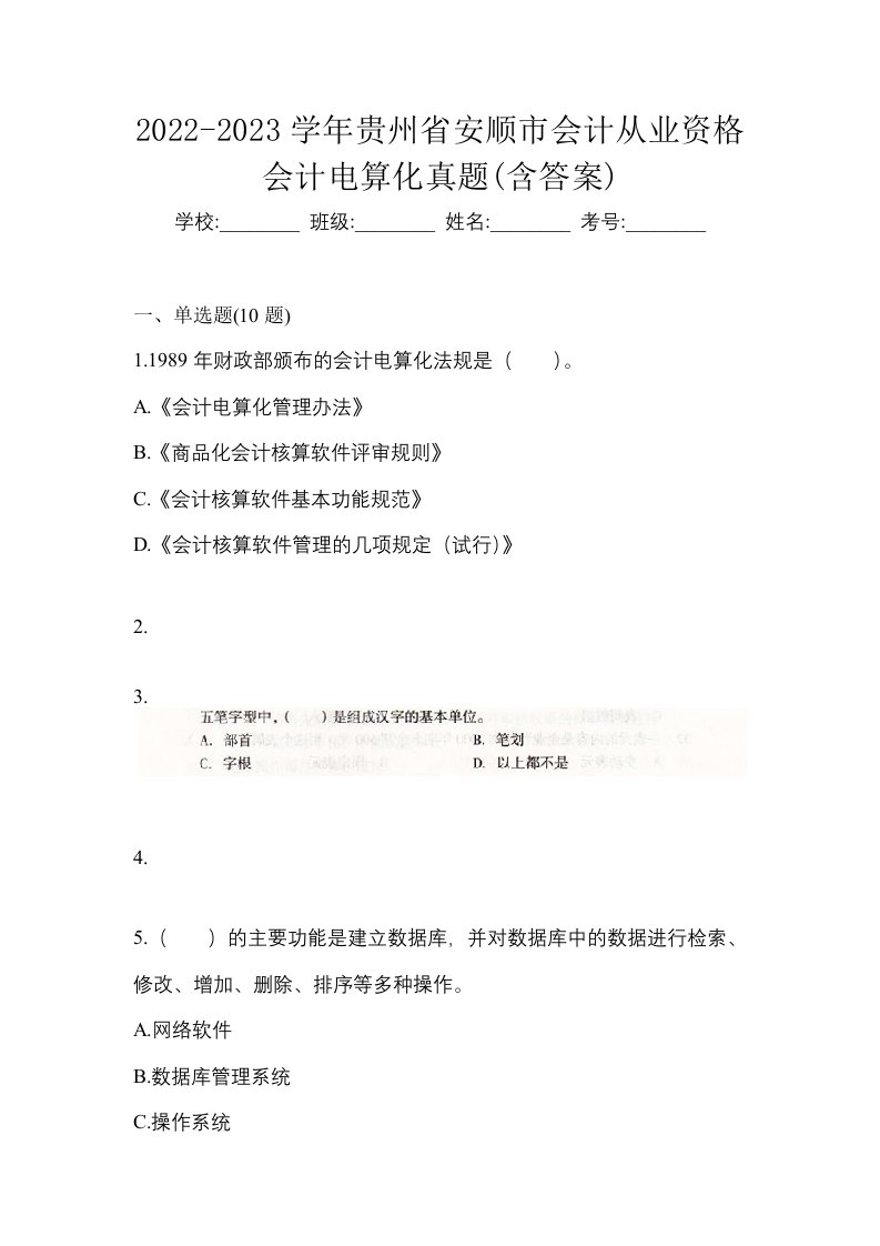 2022-2023学年贵州省安顺市会计从业资格会计电算化真题含答案