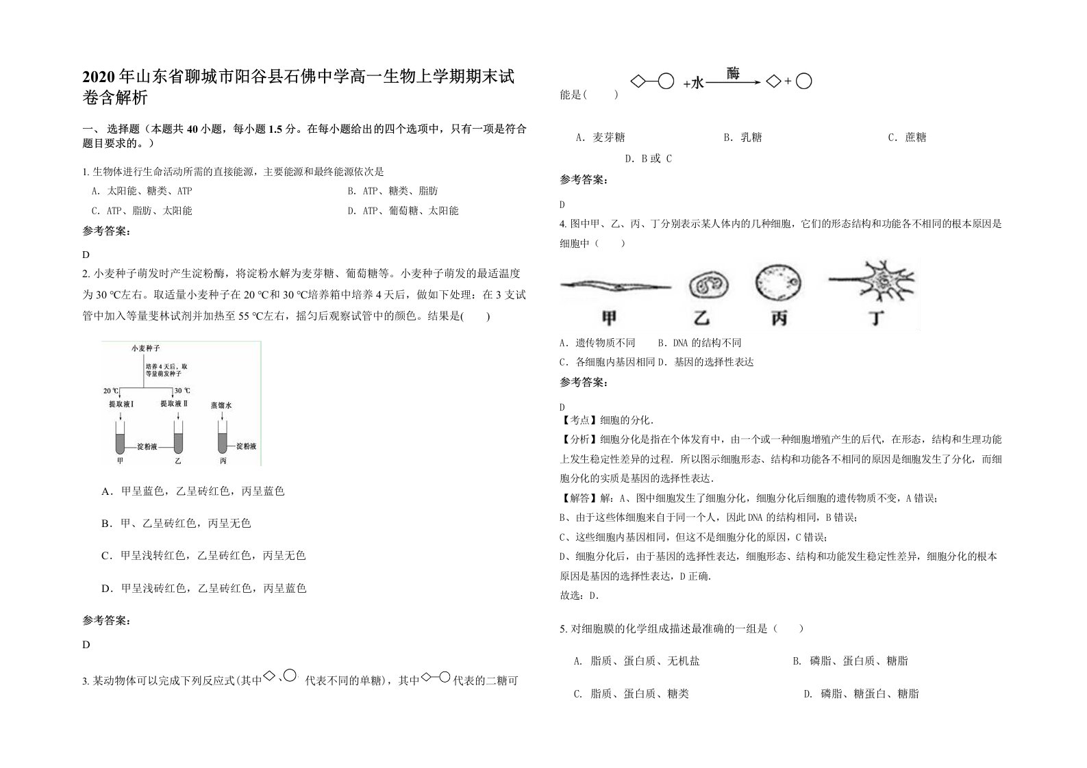 2020年山东省聊城市阳谷县石佛中学高一生物上学期期末试卷含解析