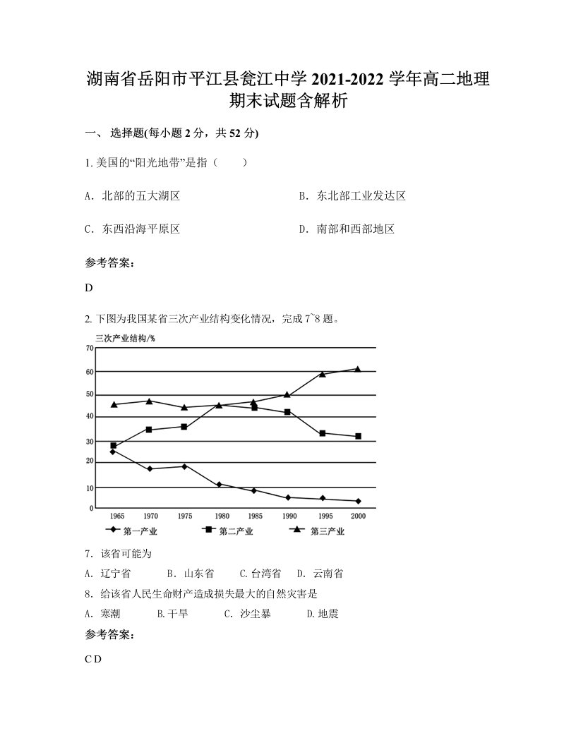 湖南省岳阳市平江县瓮江中学2021-2022学年高二地理期末试题含解析