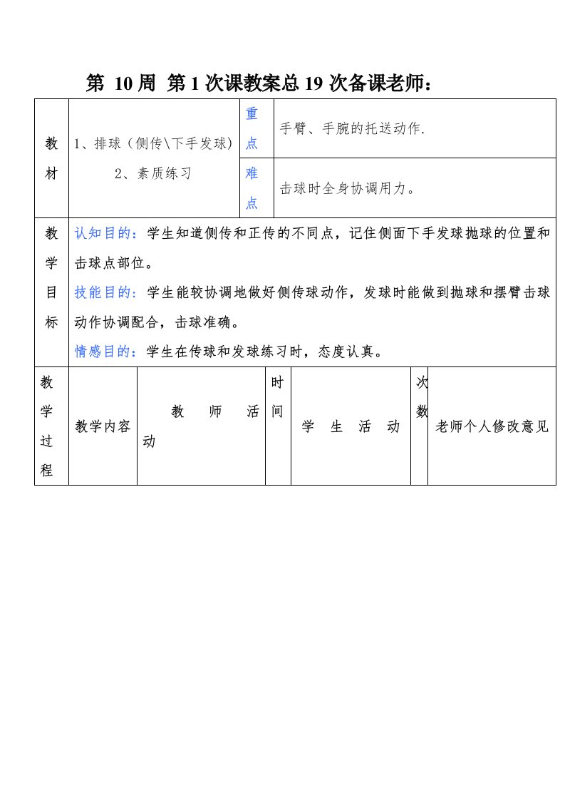 八年级体育第10周教案