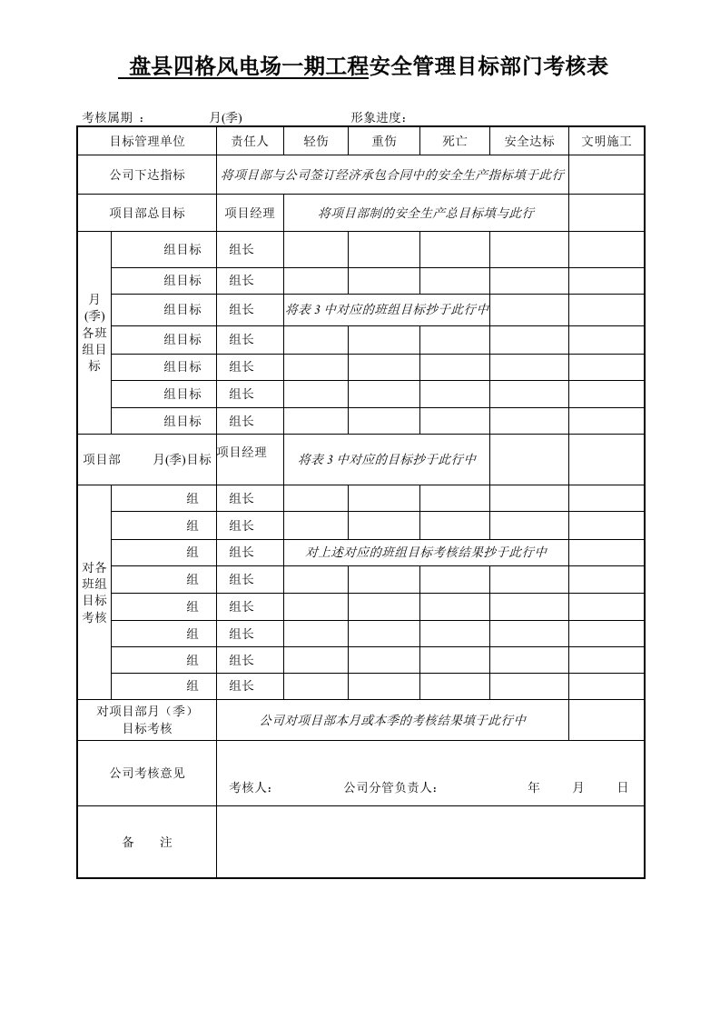 精品文档-四格安全管理目标部门考核表