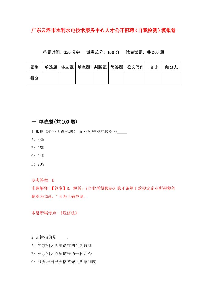 广东云浮市水利水电技术服务中心人才公开招聘自我检测模拟卷第0期