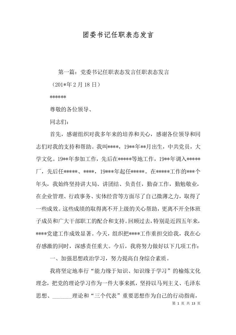 团委书记任职表态发言（一）