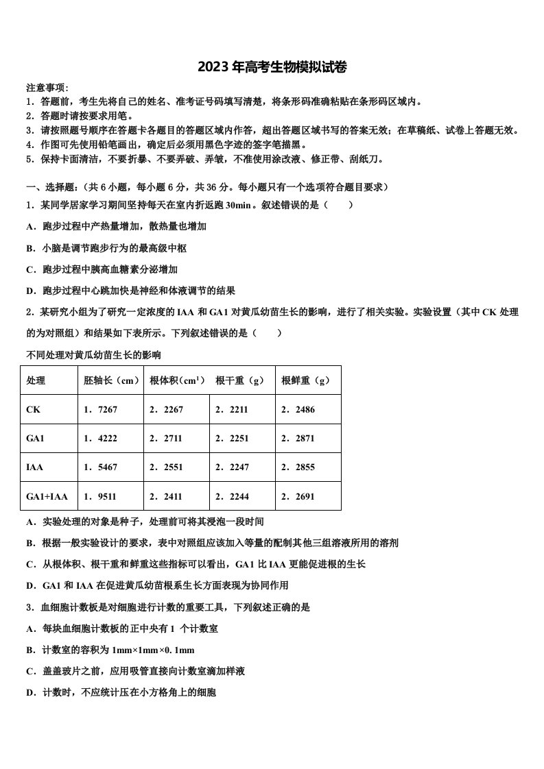 2022-2023学年安徽亳州阚疃金石中学高三3月份模拟考试生物试题含解析