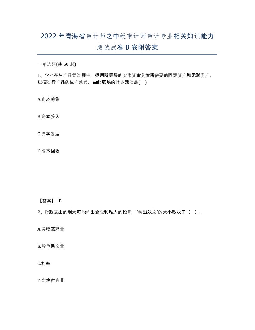 2022年青海省审计师之中级审计师审计专业相关知识能力测试试卷B卷附答案