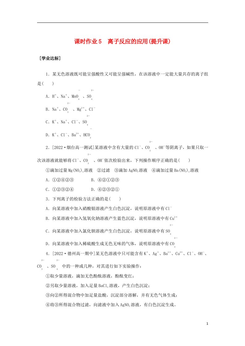 2022_2023学年新教材高中化学课时作业5离子反应的应用提升课新人教版必修第一册