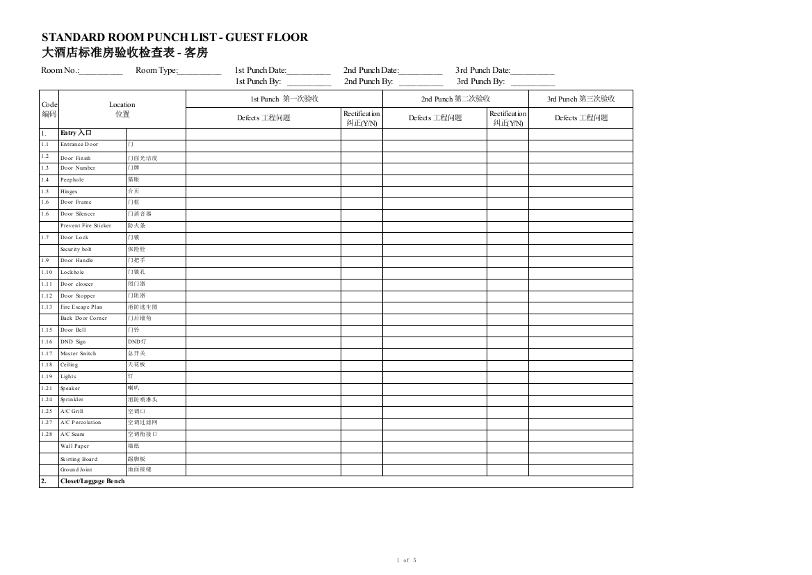 大酒店标准房验收检查表---客房