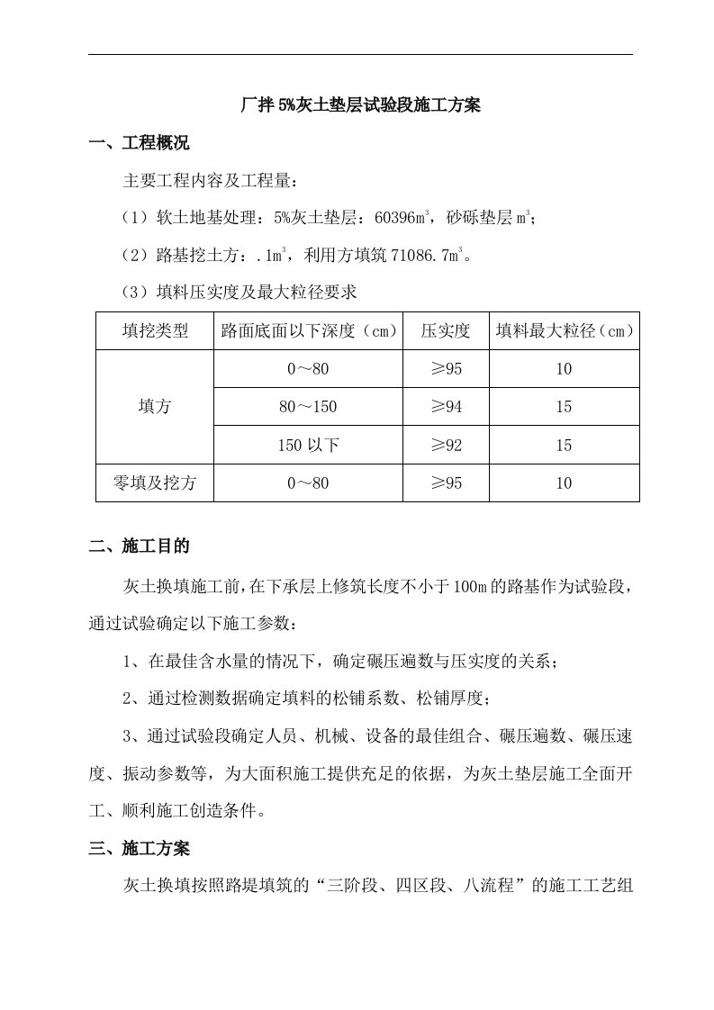 厂拌路基灰土试验段施工组织设计方案