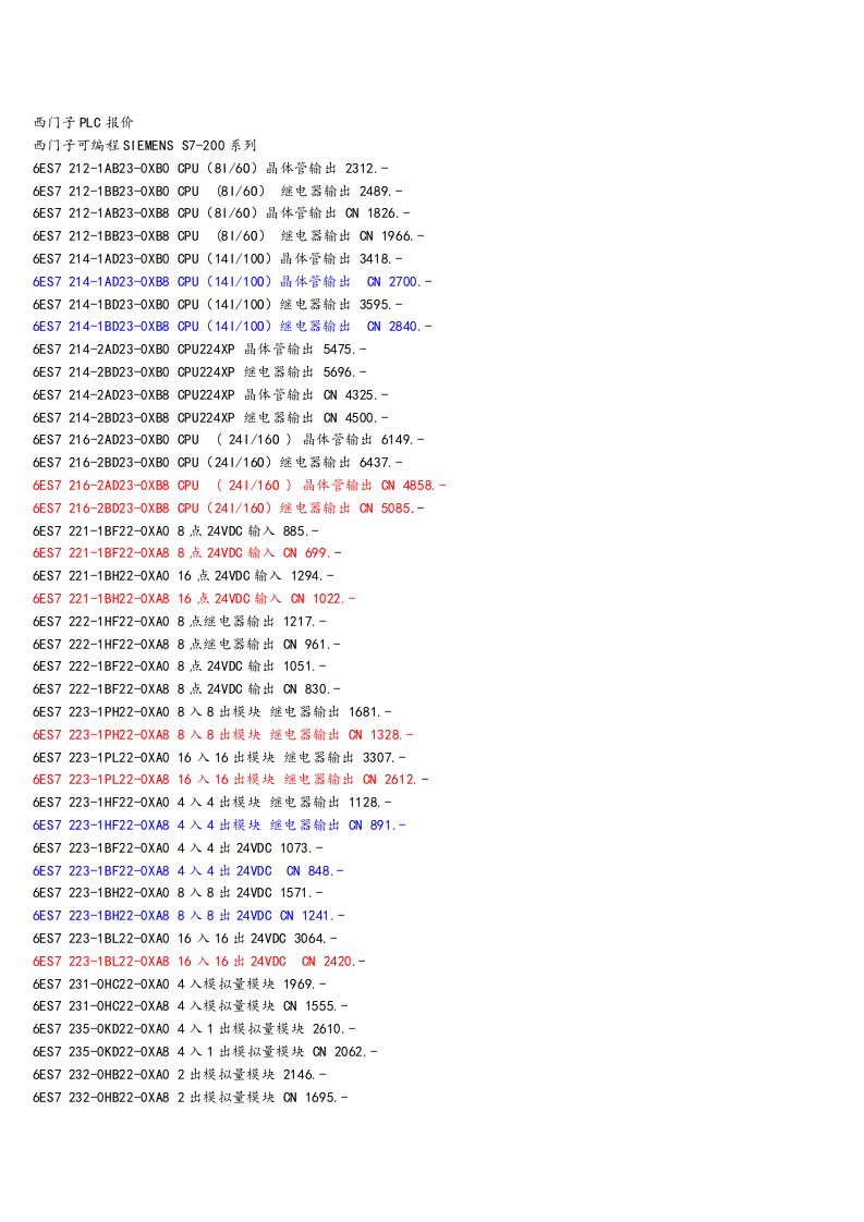 西门子PLC报价表格