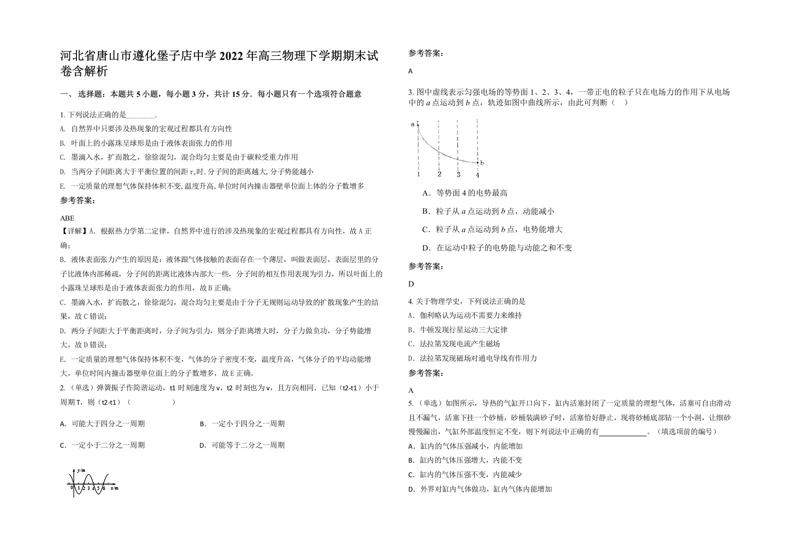 河北省唐山市遵化堡子店中学2022年高三物理下学期期末试卷含解析