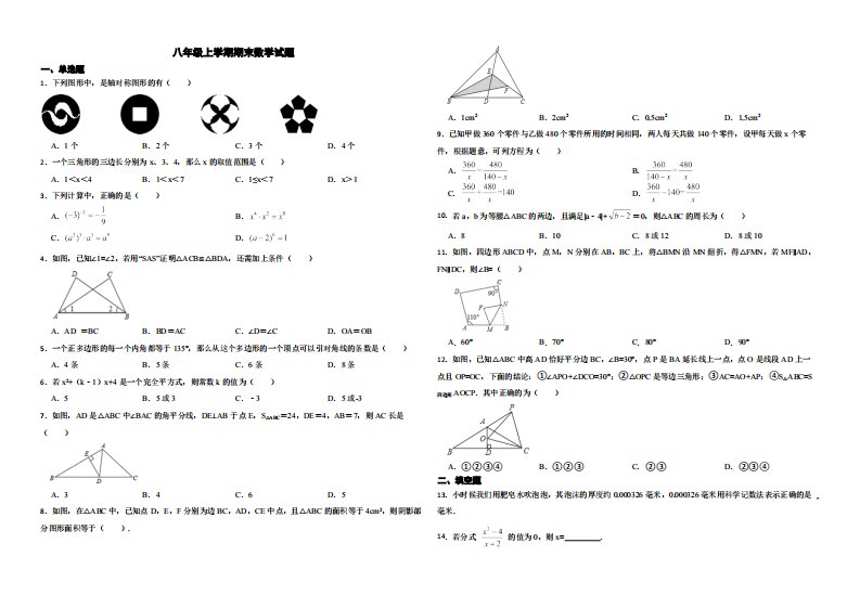 黑龙江省牡丹江市林口县2022年八年级上学期期末数学试题（附解析）