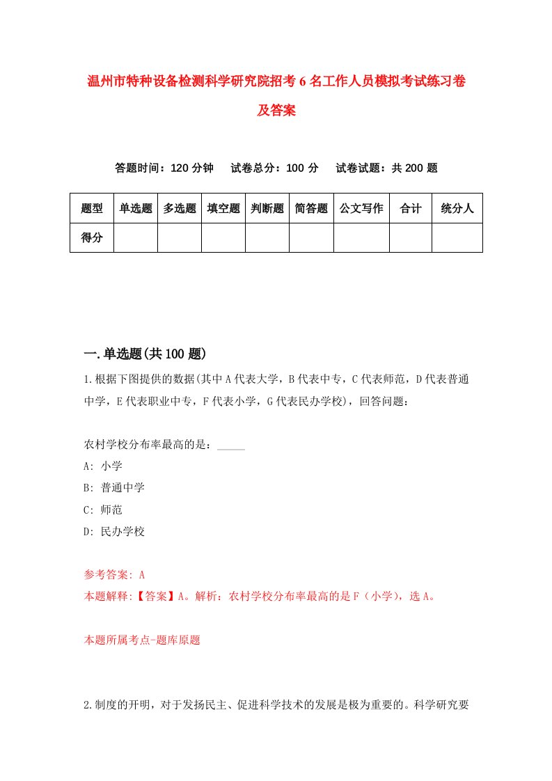 温州市特种设备检测科学研究院招考6名工作人员模拟考试练习卷及答案7