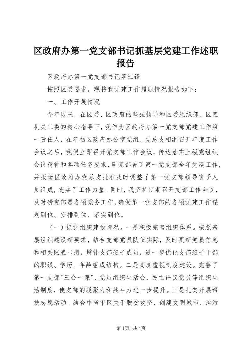 5区政府办第一党支部书记抓基层党建工作述职报告