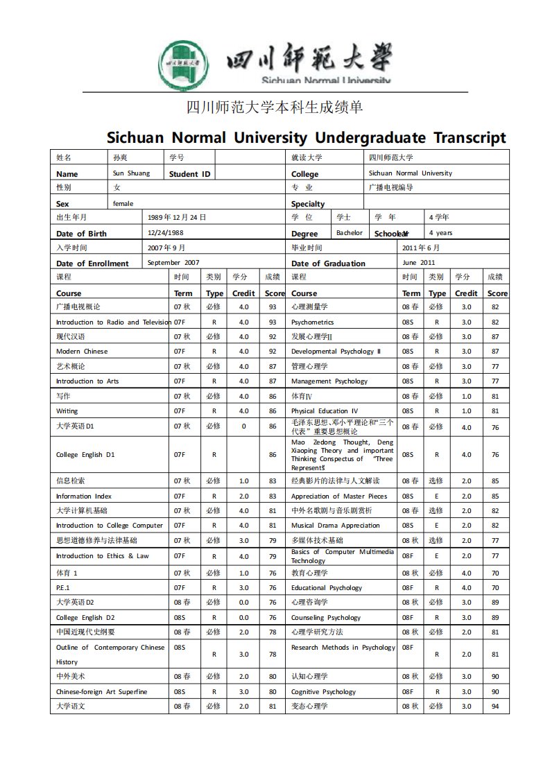 师范大学成绩单