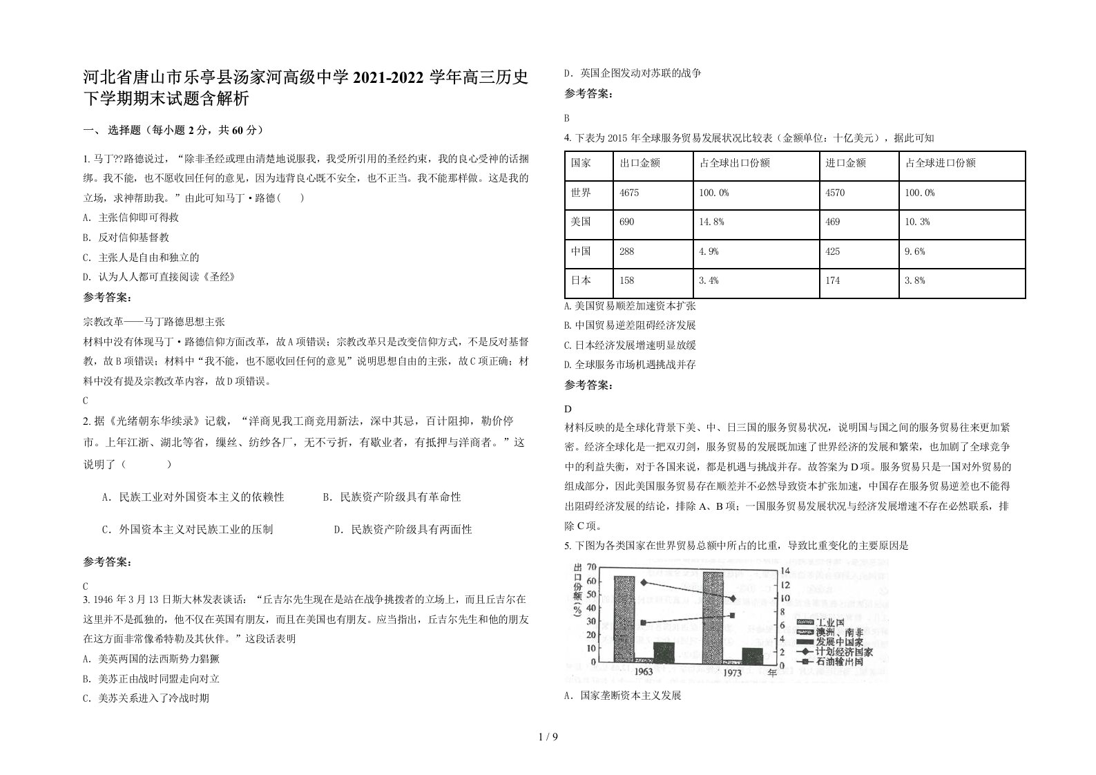 河北省唐山市乐亭县汤家河高级中学2021-2022学年高三历史下学期期末试题含解析