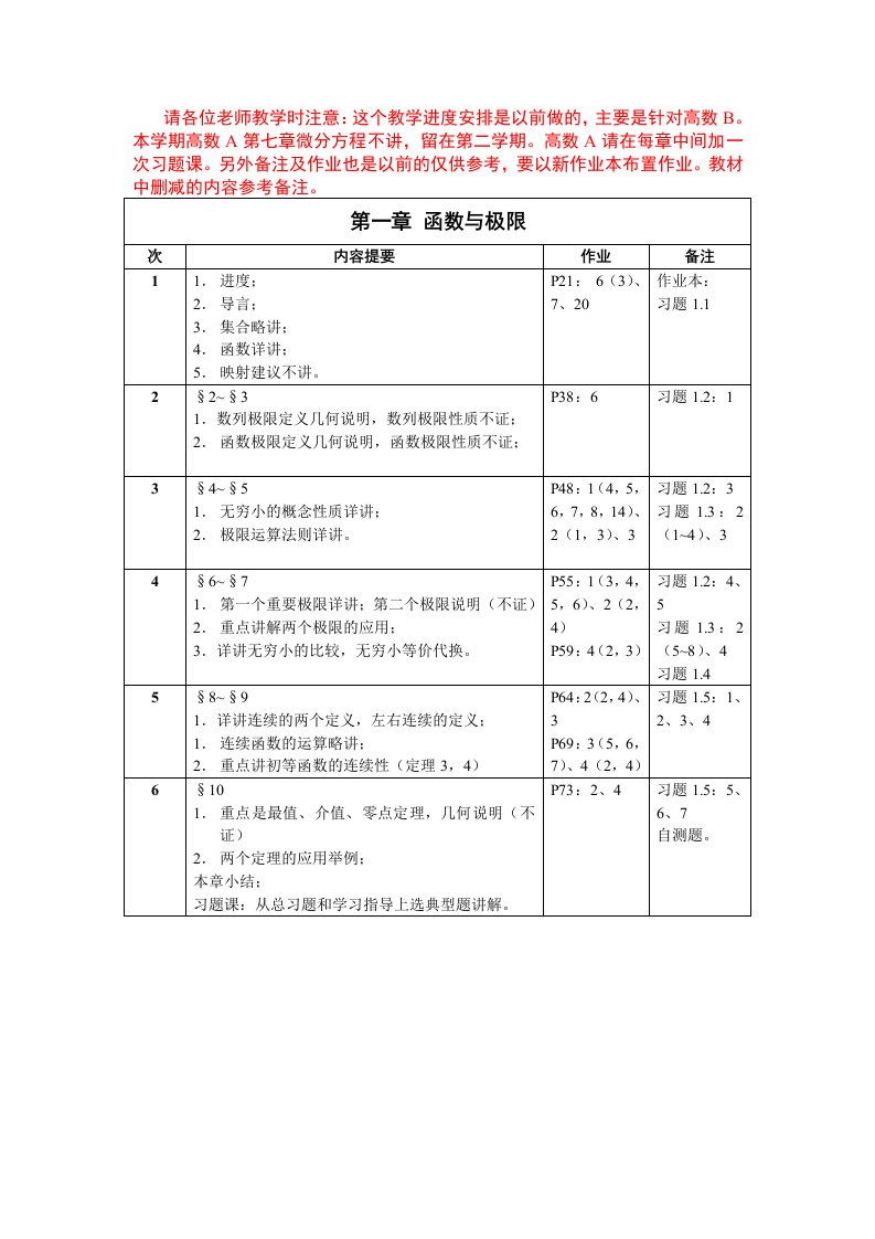 高等数学教学安排