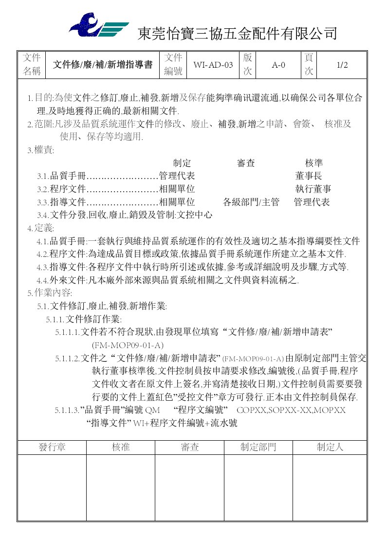 《TS16949三阶文件汇编》怡宝三协五金配件公司(149个文件)WI-AD-03(文件修，廢，補，新增指導書)-五金塑胶