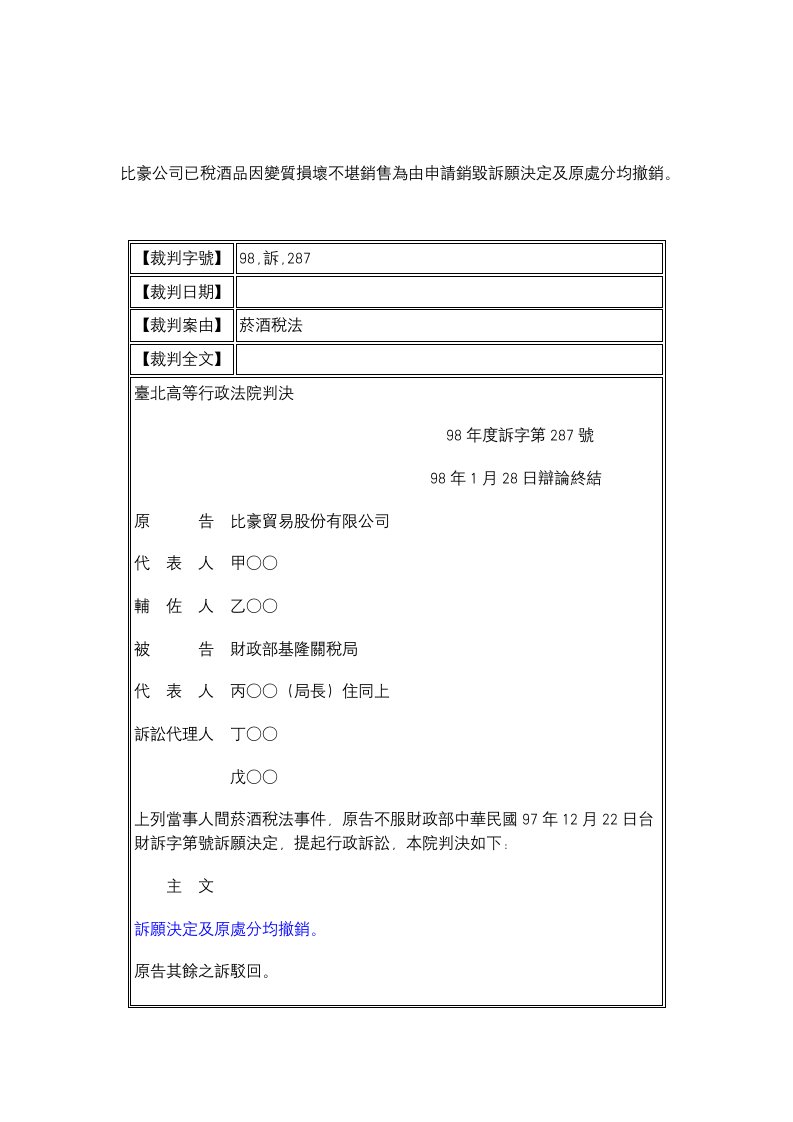 酒类资料-比豪公司已税酒品因变质损坏不堪销售为由申请销毁诉愿