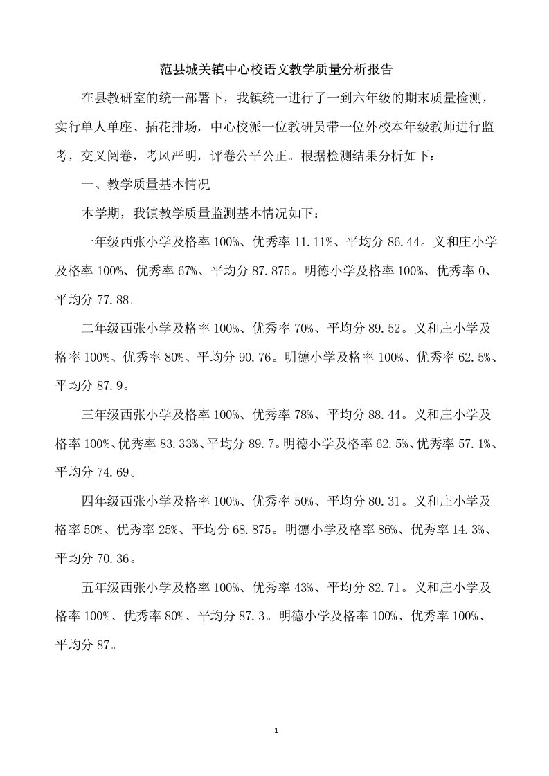 城关镇中心校语文教学质量分析报告