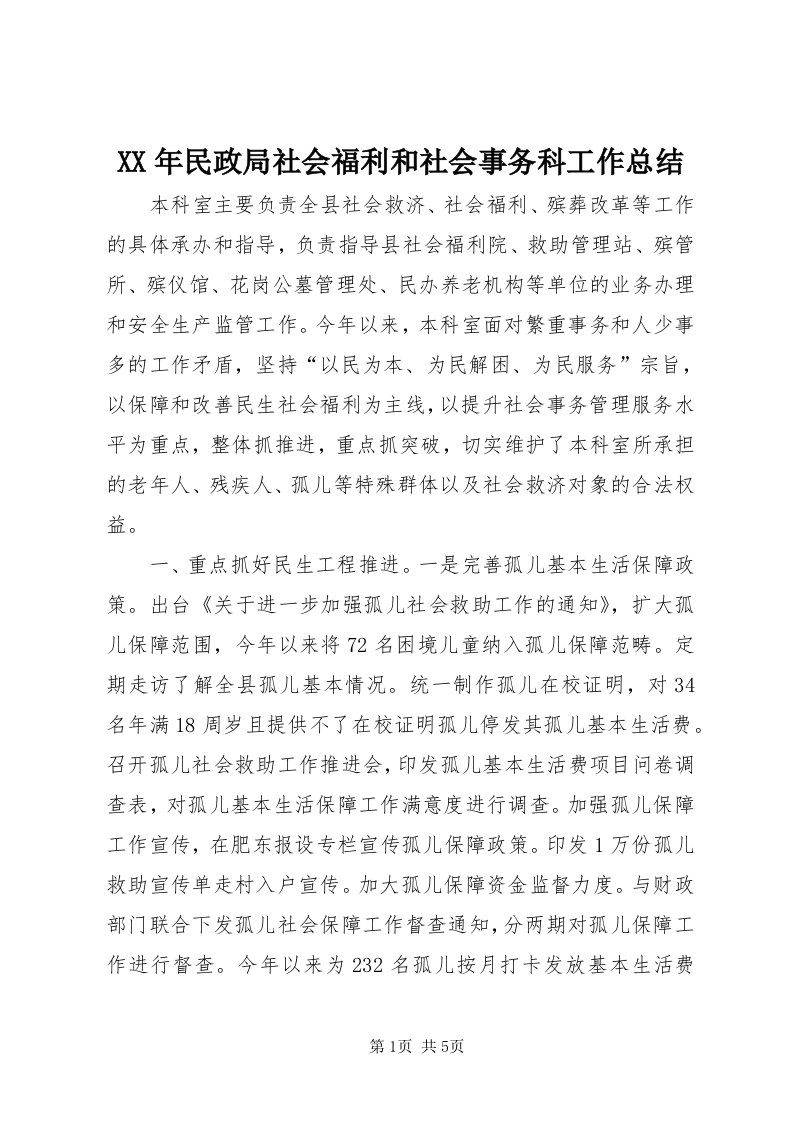 4某年民政局社会福利和社会事务科工作总结