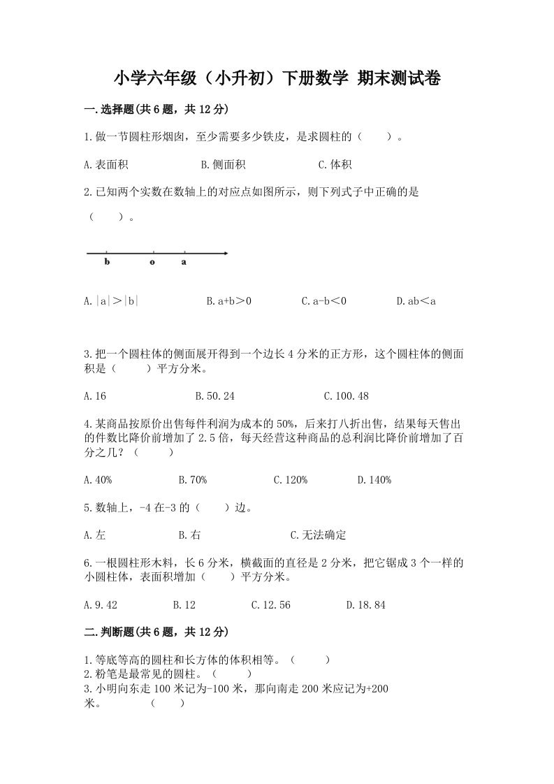 小学六年级（小升初）下册数学