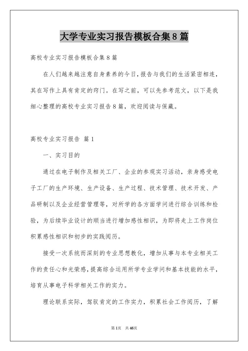 大学专业实习报告模板合集8篇