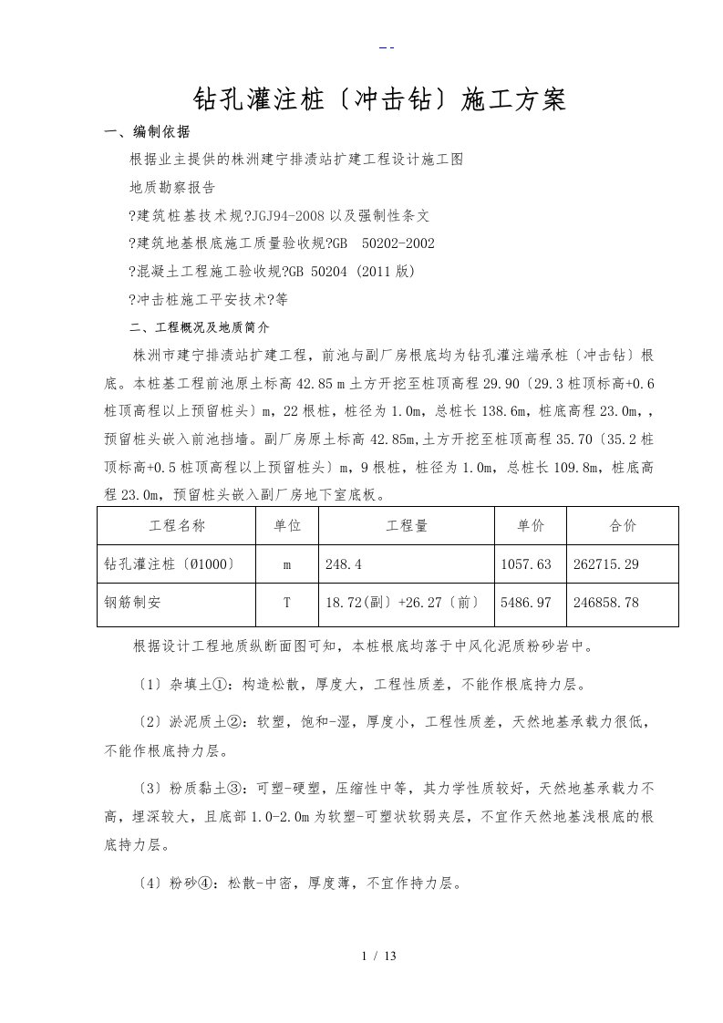 钻孔灌注桩（冲击钻）施工组织方案