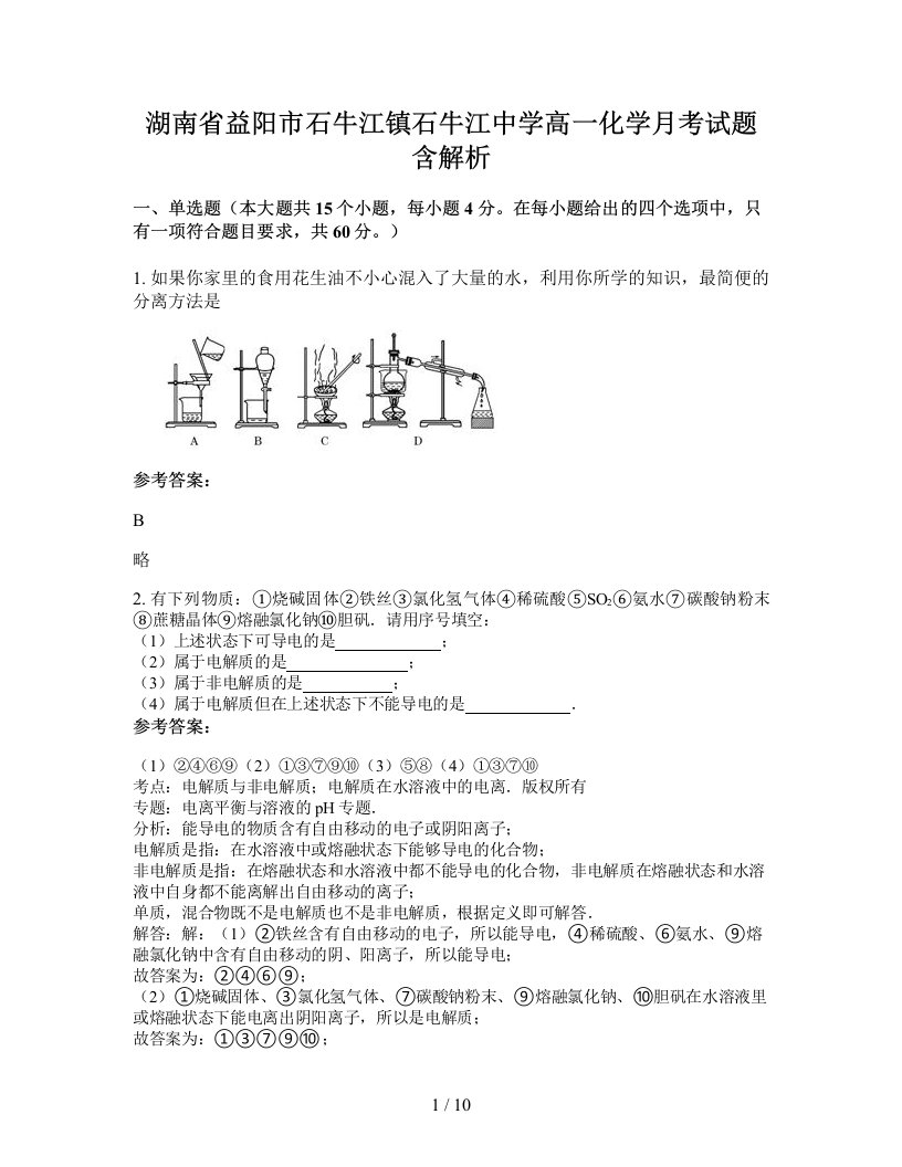 湖南省益阳市石牛江镇石牛江中学高一化学月考试题含解析