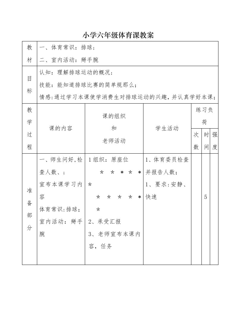 小学六年级室内体育课教案