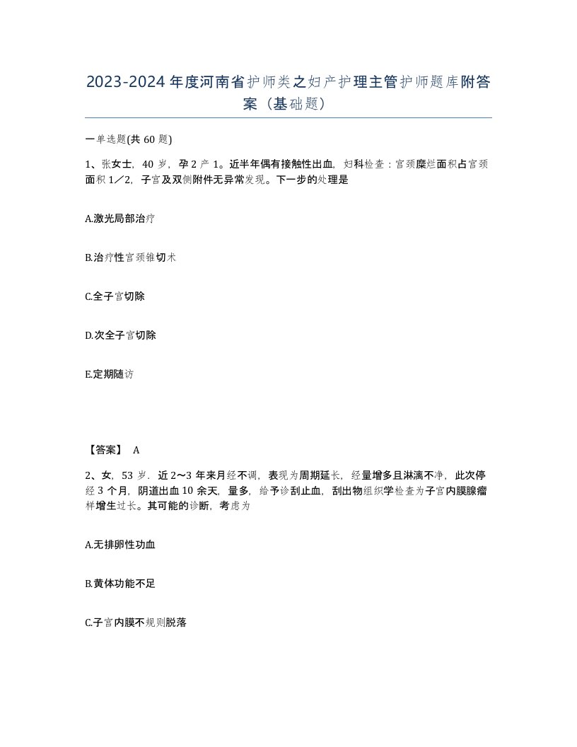 2023-2024年度河南省护师类之妇产护理主管护师题库附答案基础题