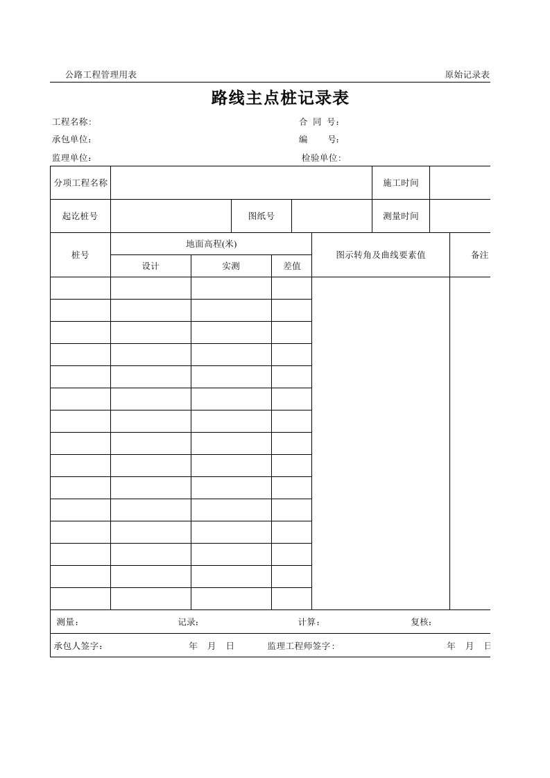 表格模板-公路工程管理用表范本路线主点桩记录表