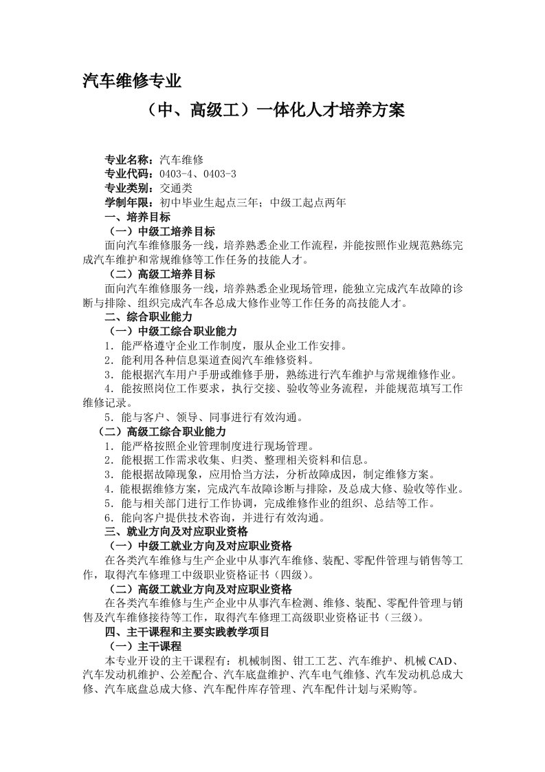 汽车维修人才培养方案