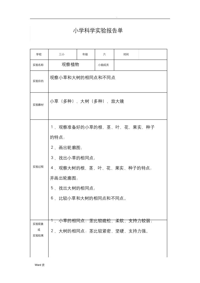 小学科学实验报告单(1)