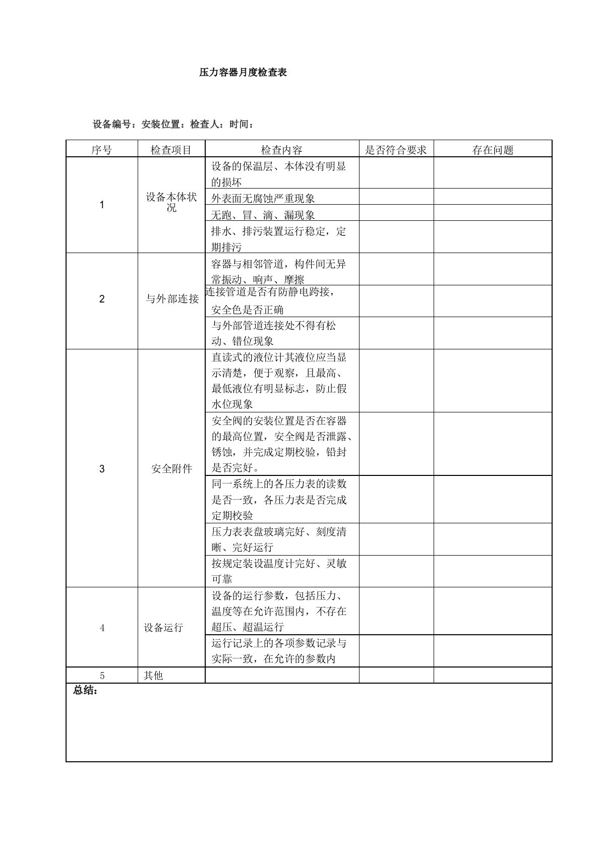 压力容器月度检查表