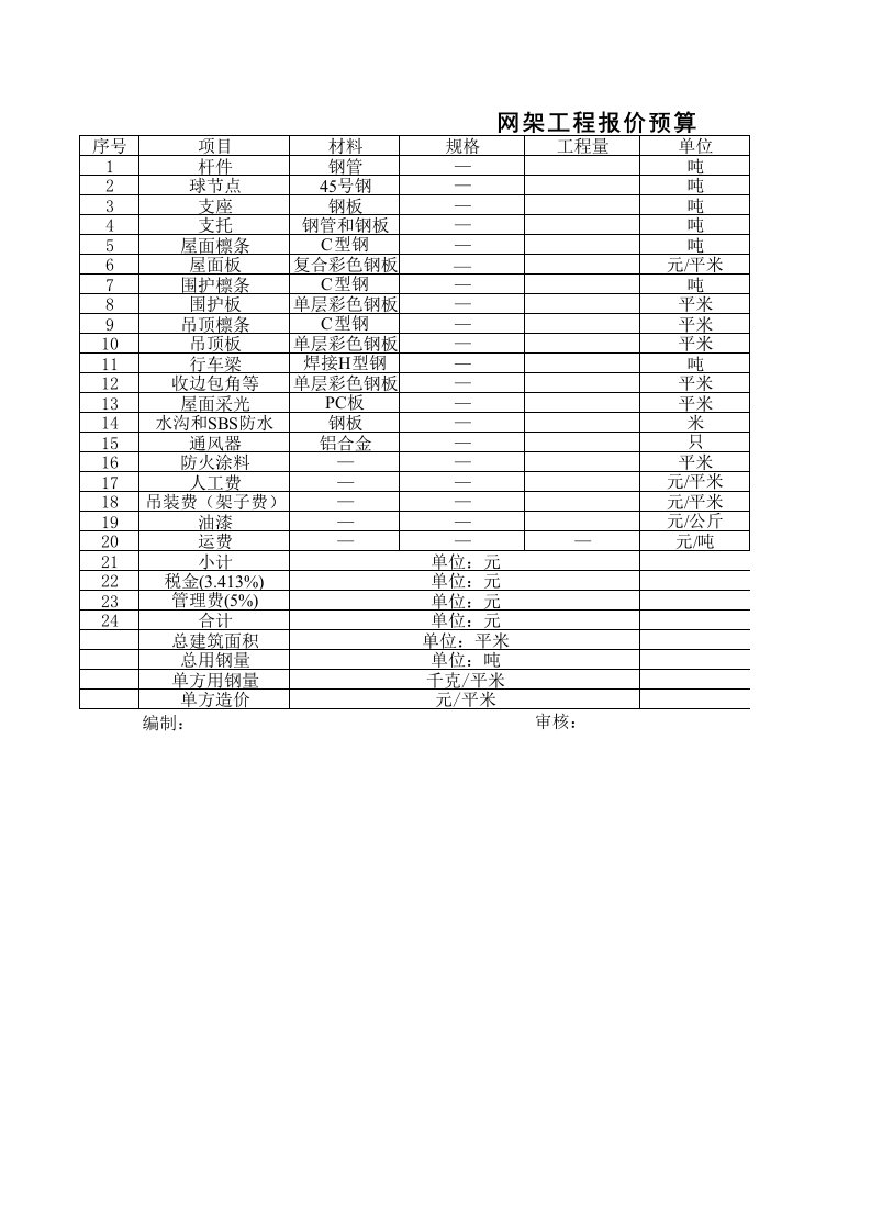 网架工程报价预算表格