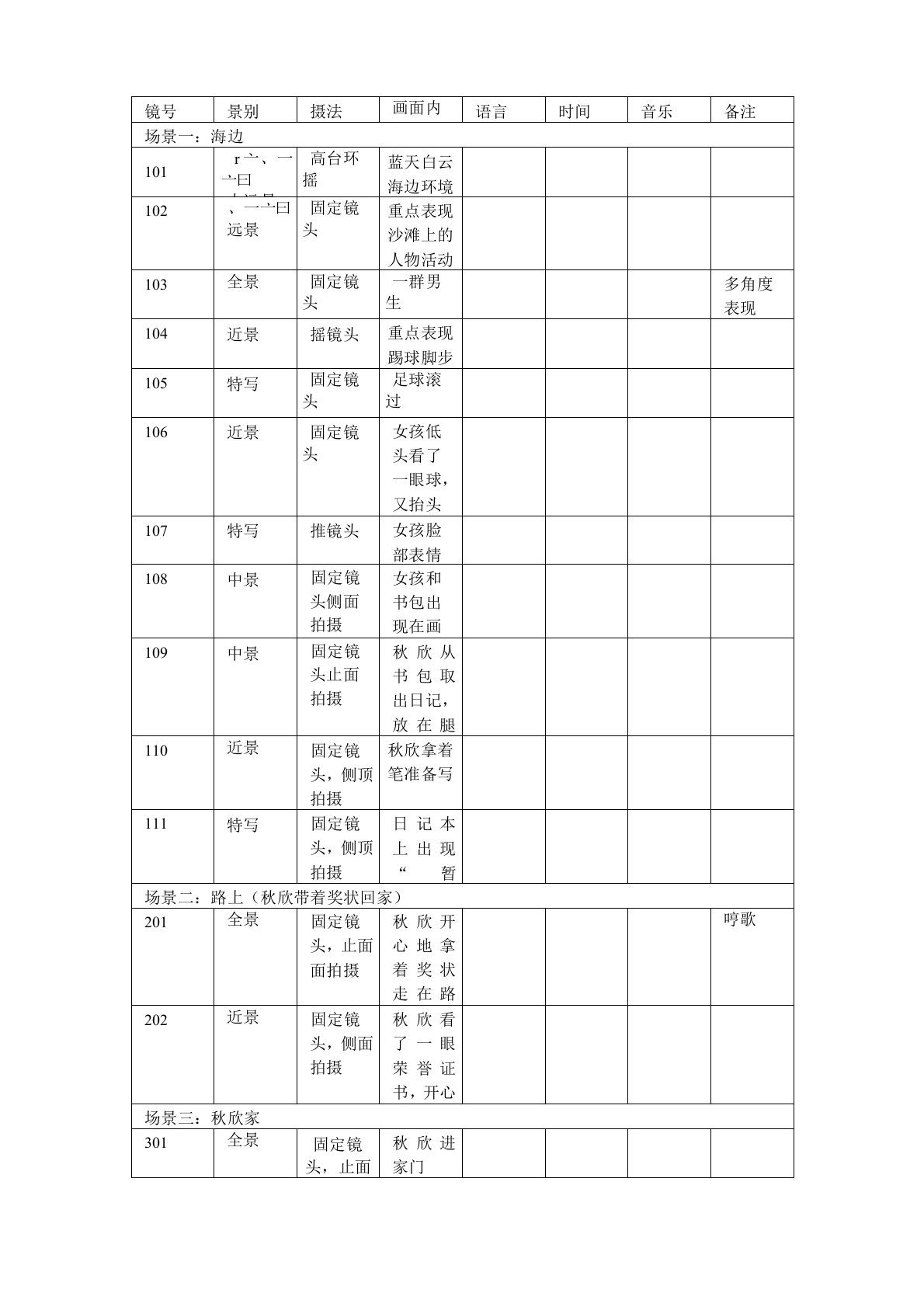 大学生微电影分镜头脚本范本与格式规范