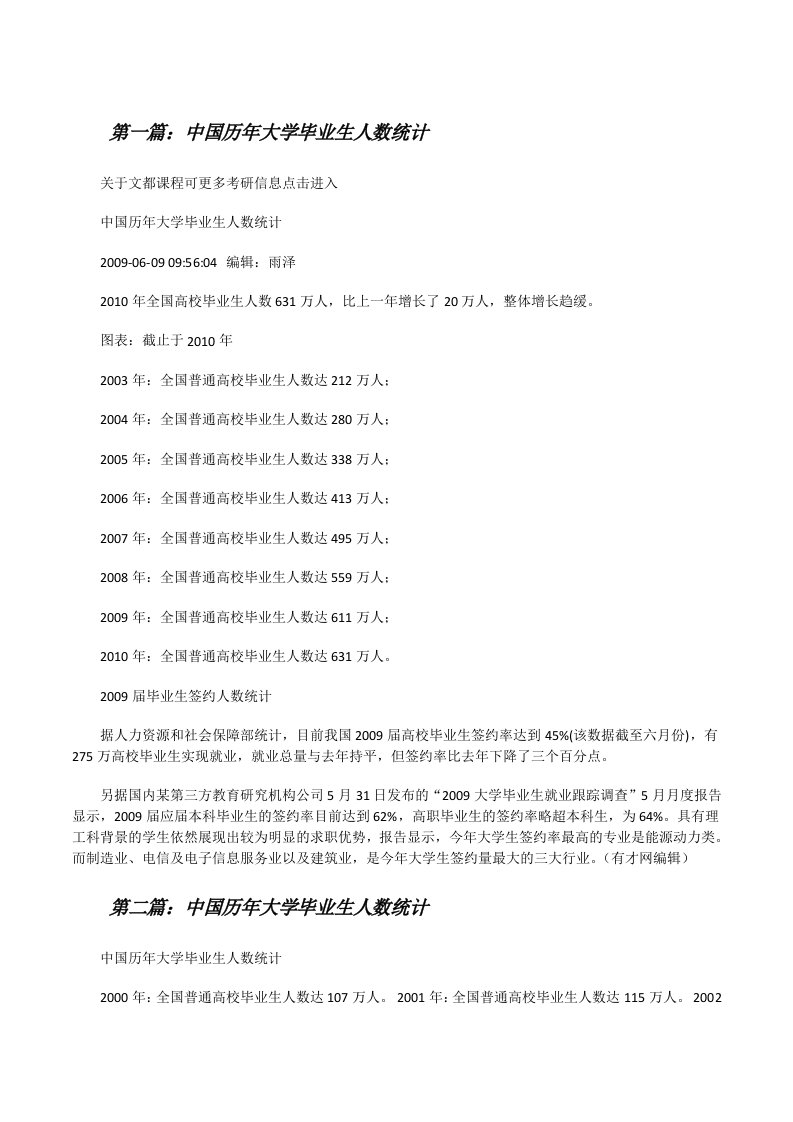 中国历年大学毕业生人数统计[推荐五篇][修改版]