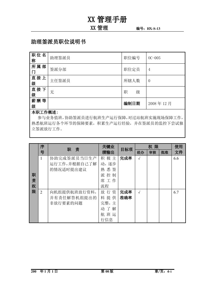 某航空物流公司助理签派员职位说明书及关键绩效标准