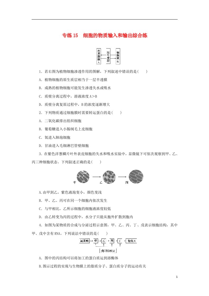 2023版新教材高考生物微专题小练习专练15细胞的物质输入和输出