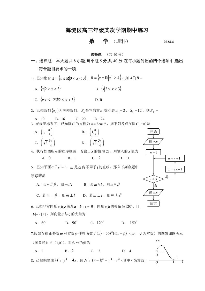 2024年北京市海淀区高三一模数学(理)试题Word版带答案