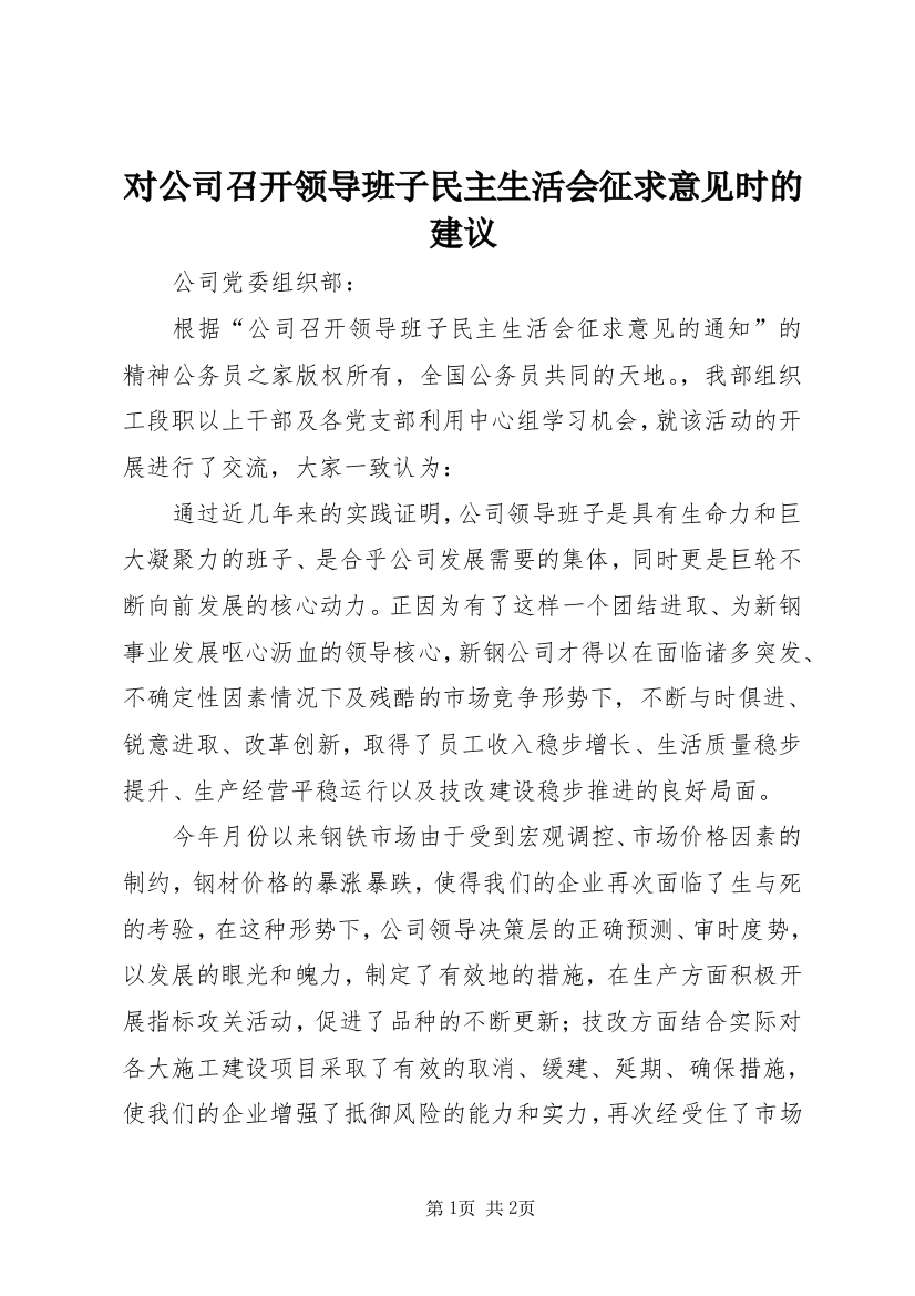 对公司召开领导班子民主生活会征求意见时的建议