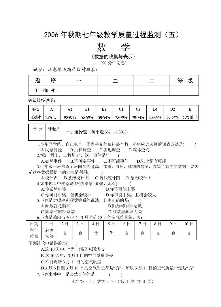 【小学中学教育精选】【小学中学教育精选】【小学中学教育精选】2006年秋期七年级教学质量过程检测（五）