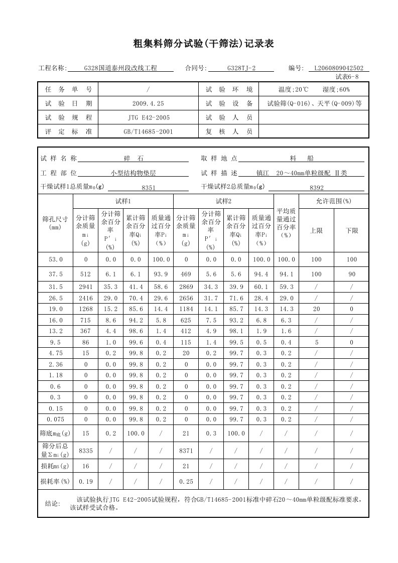 粗集料筛分试验(干筛法)记录表